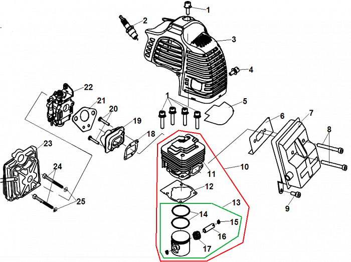 1 ПОРШЕНЬ - ЦИЛИНДР - СВЕЧА - КАРБЮРАТОР - ФИЛЬТР ТРИММЕР CHAMPION Т445